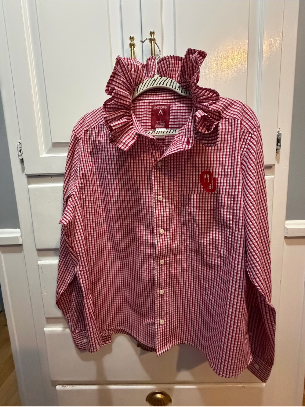 OU Upcycled red checked ladies Antigua shirt  logo embroidered  men’s size L